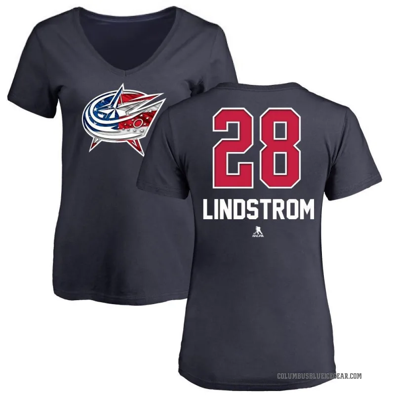 Cayden Lindstrom Women's Navy Columbus Blue Jackets Name and Number Banner Wave V-Neck T-Shirt -